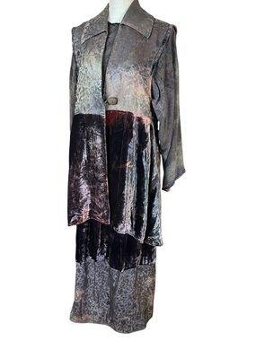 URU Vintage Iridescent Velvet Brocade Vest Long Sleeve Silk Blouse & Maxi Skirt